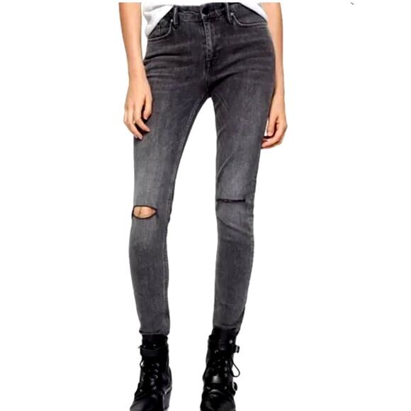 AllSaints Grace Womens Black Jeans 28 Slim Distress Grunge Fade Fray Hem Gothic - Picture 1 of 12
